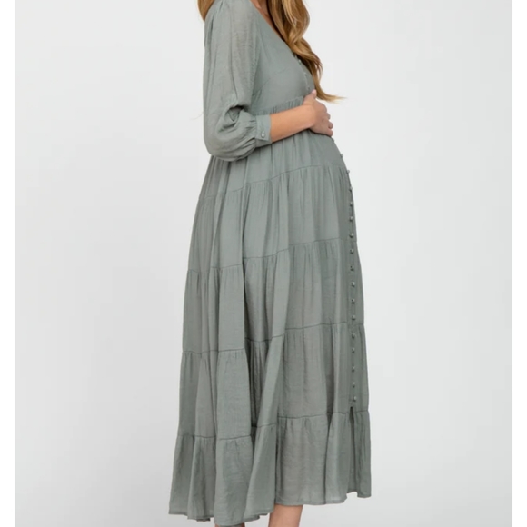 Pinkblush In Loom Light Olive Button Front Tiered A-line Maternity Maxi Dress S - Picture 2 of 4
